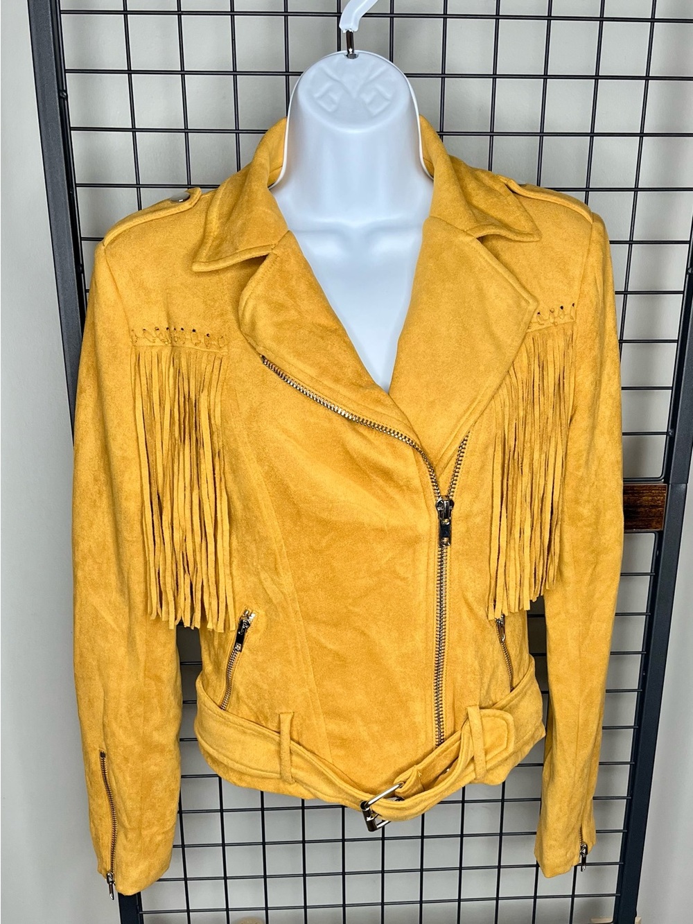 Fashion Nova Women’s Faux Suede Fringe Moto Jacket - Mustard Yellow